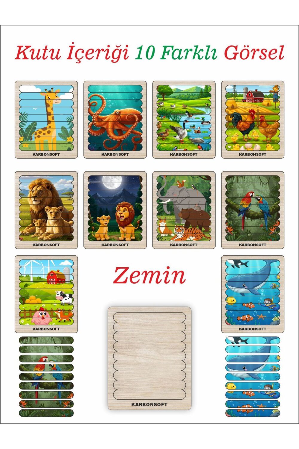Cubuk Puzzle, 10lu Set Puzzle, Hayvan Puzzle, Montesorri Puzzle, Hayvan Yapboz, 10lu Yapboz.