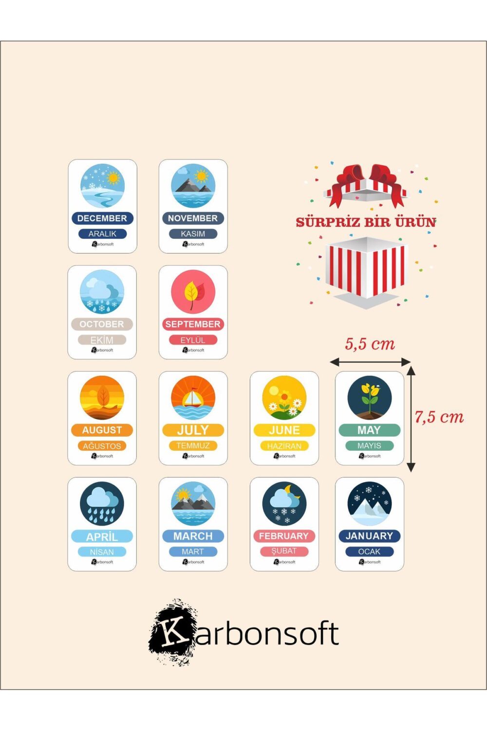 Ahşap İngilizce Türkçe Mevsim Kartları-Ingilizce Eğitim Seti Ingilizce Öğrenme Kartları Montessori.