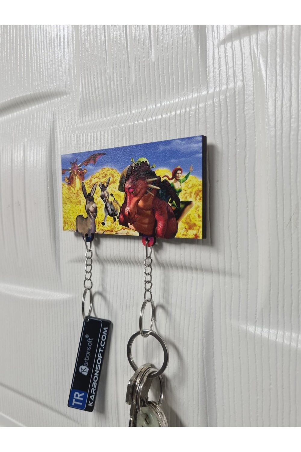 Eşek ve Ejderha Temalı Alevli Ahşap Anahtarlık - Shrek Dünyası.