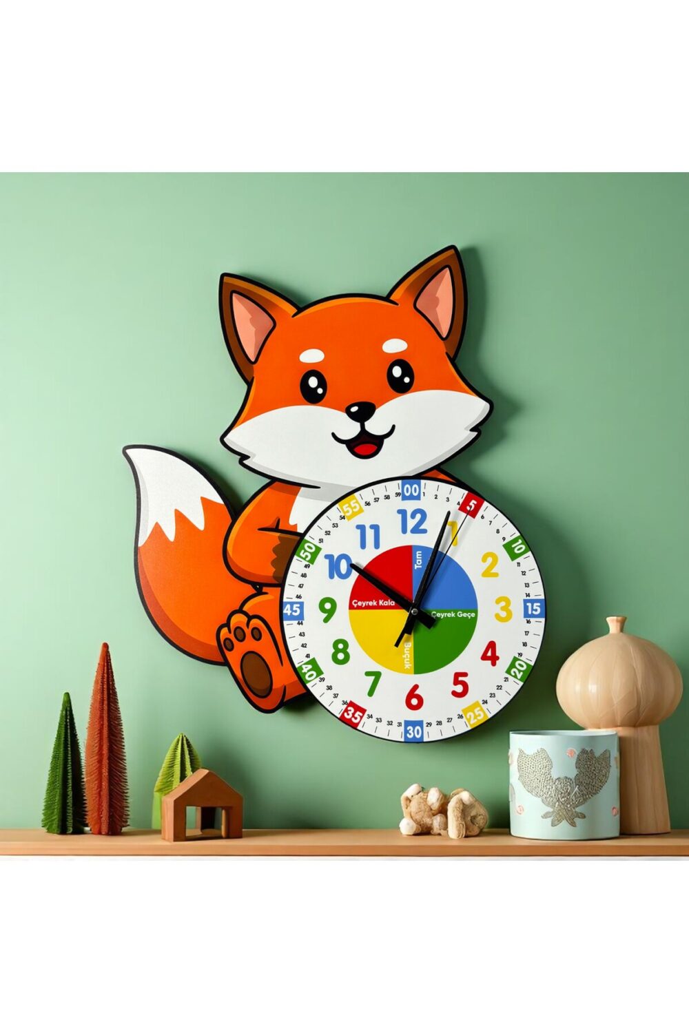 Montessori Eğitici Tilki Temalı Çocuk Duvar Saati | Renkli Ahşap Saat + UV Baskı.