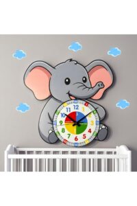 Montessori Eğitici Fil Temalı Çocuk Duvar Saati | Renkli Ahşap Saat + UV Baskı Montessori Eğitici Fil Temalı Çocuk Duvar Saati | Renkli Ahşap Saat + UV Baskı.