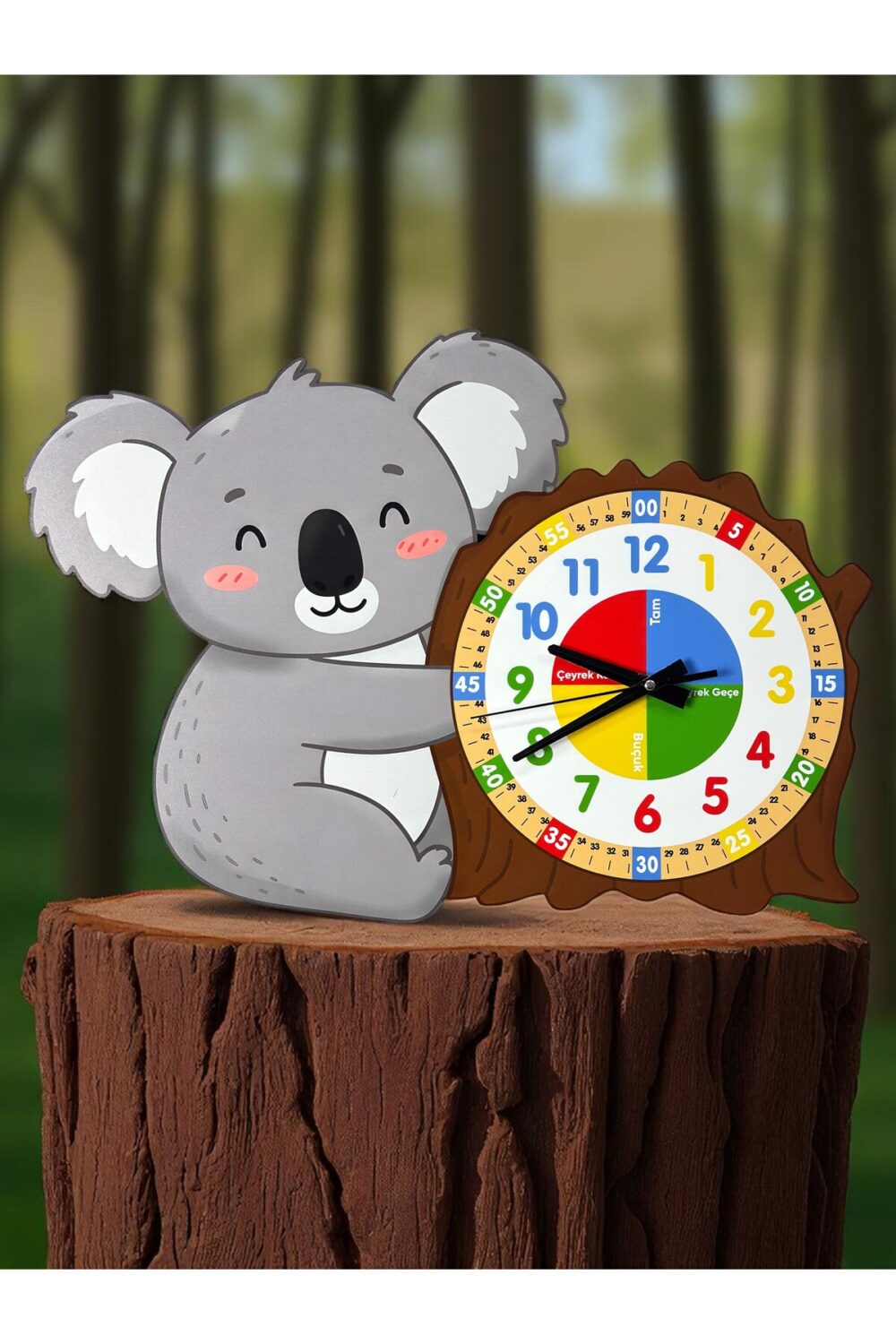 Montessori Eğitici Koala Temalı Çocuk Duvar Saati | Renkli Ahşap Saat – UV Baskı.