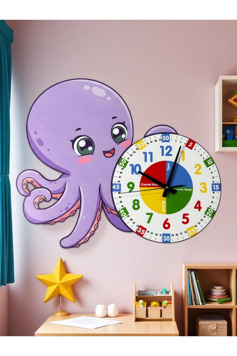 Montessori Eğitici Ahtapot Temalı Renkli Çocuk Duvar Saati | Ahşap Malzeme + UV Baskı.